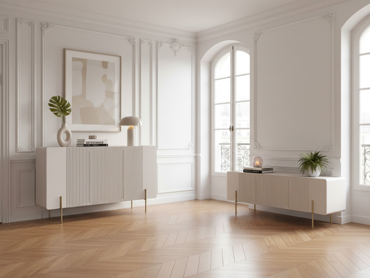 Ensemble MATHILDE avec buffet 150 cm + meuble TV 150 cm plateau effet marbre et pieds or