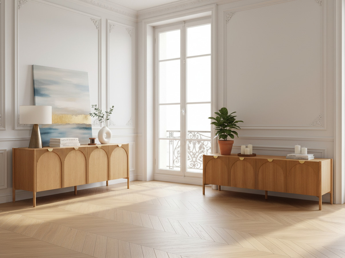 Buffet 4 portes 178 cm LOLA motif arrondi et placage frêne massif Buffet 4 portes 178 cm LOLA motif arrondi et placage frêne massif