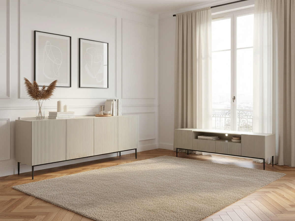 Ensemble KASHA Meuble TV 200 cm avec niche pieds noirs + Buffet 4 portes 200 cm pieds noirs