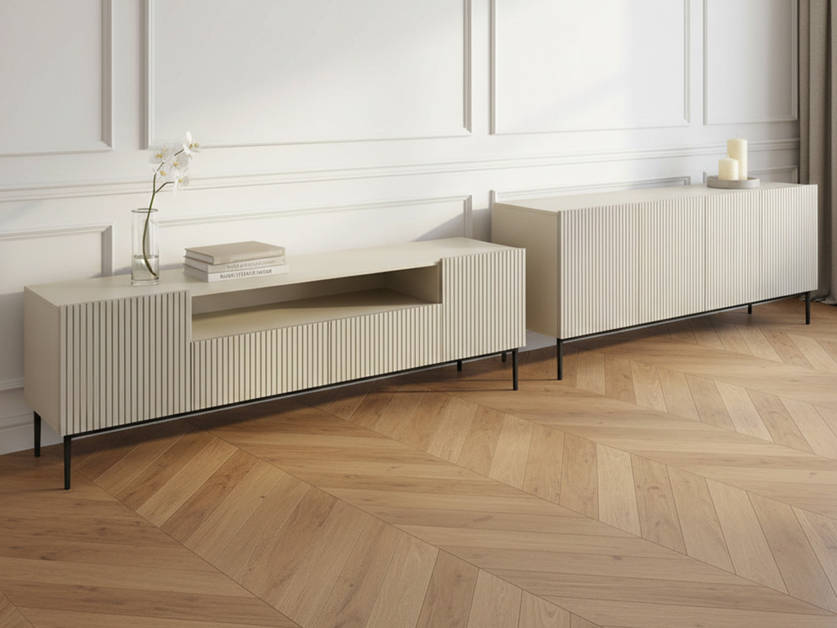 KASHA set met 200 cm tv-meubel met nis + 200 cm 4-deurs dressoir met zwarte poten