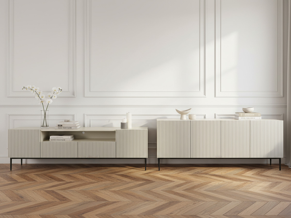 KASHA set met 200 cm tv-meubel met nis + 200 cm 4-deurs dressoir met zwarte poten