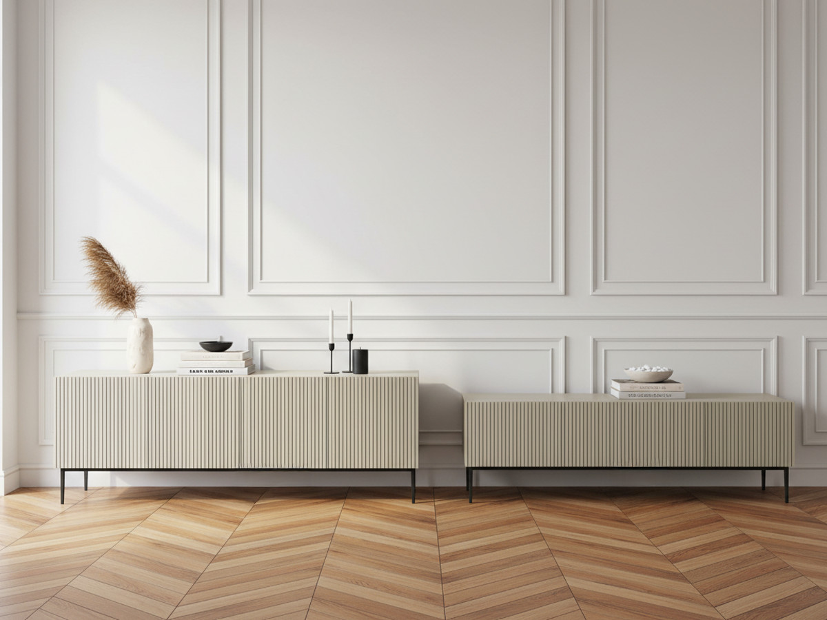 Ensemble KASHA avec Meuble TV 200 cm + Buffet 4 portes 200 cm pieds noirs beige