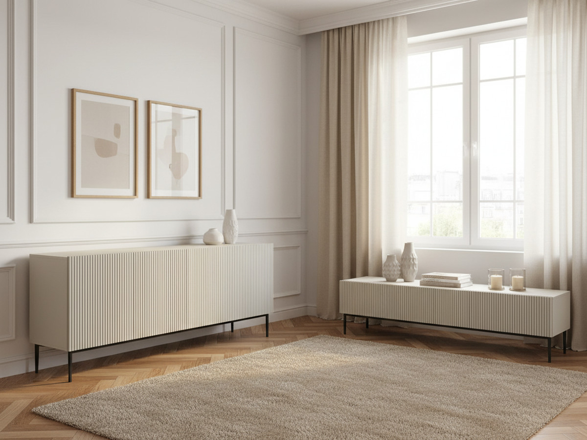 Ensemble KASHA avec Meuble TV 200 cm + Buffet 4 portes 200 cm pieds noirs beige — vue 4