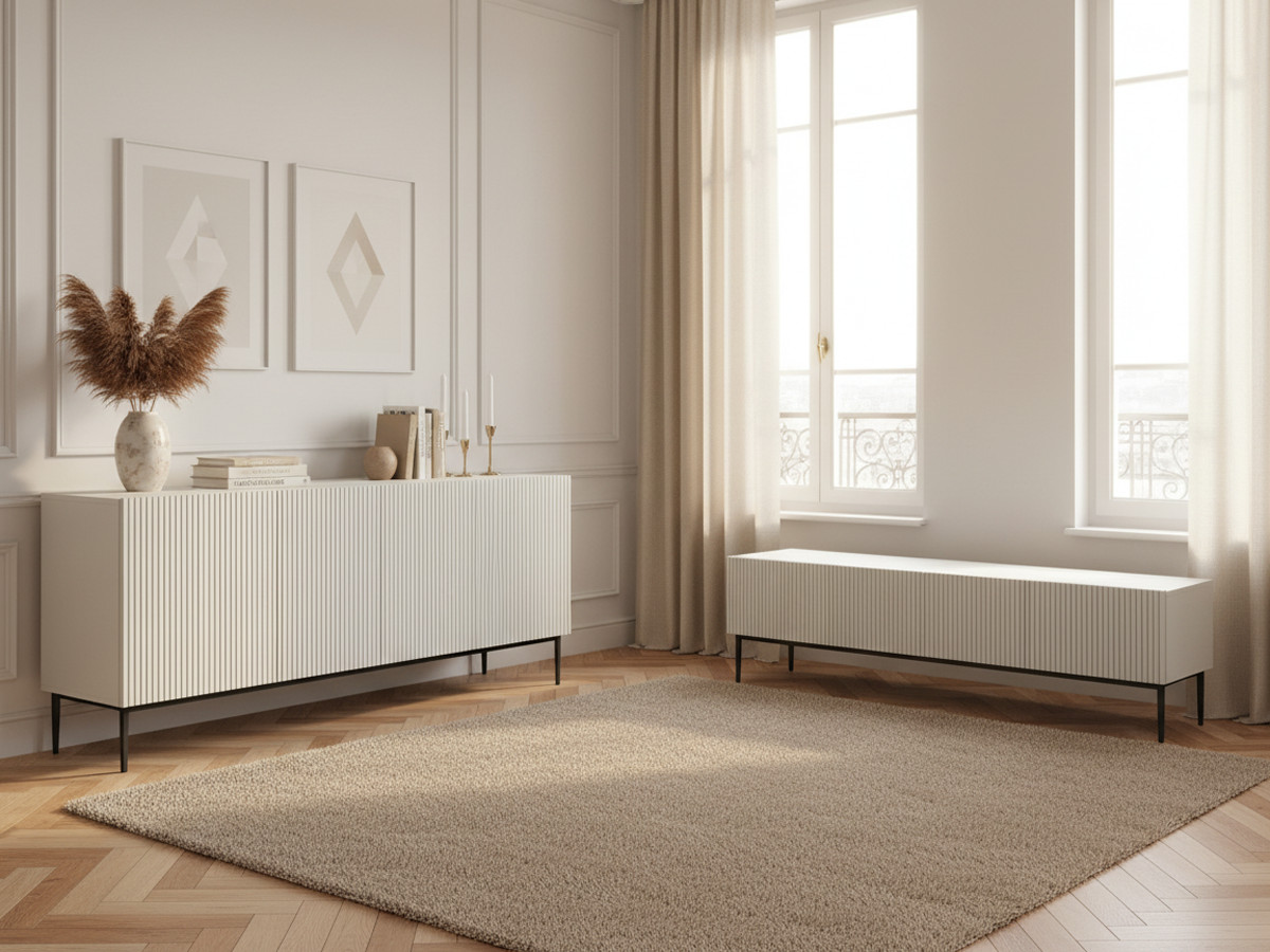 Ensemble KASHA avec Meuble TV 200 cm + Buffet 4 portes 200 cm pieds noirs blanc — vue 4