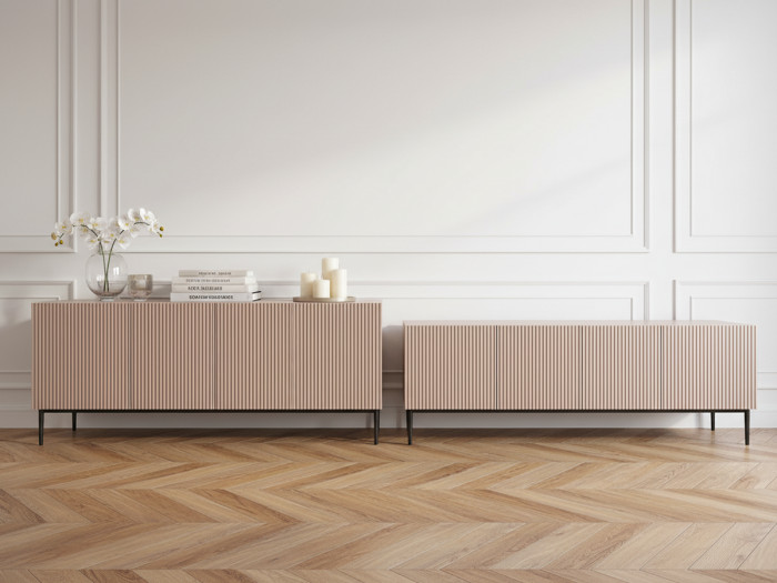 Ensemble KASHA Meuble TV 200 cm pieds noirs + Buffet 4 portes 200 cm pieds noirs