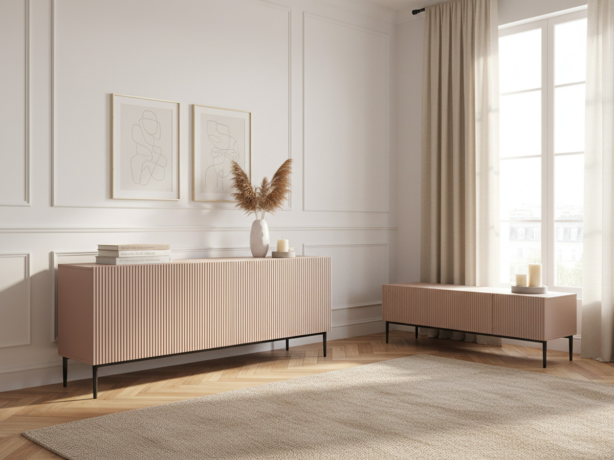 KASHA set met 200 cm tv-meubel + 200 cm 4-deurs dressoir met zwarte poten