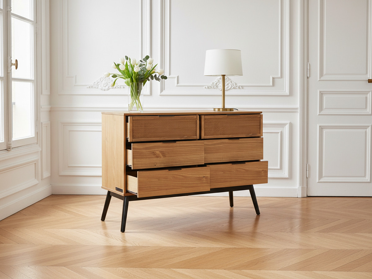 ALBI ladekast met 6 laden 120 cm massief hout en rotan