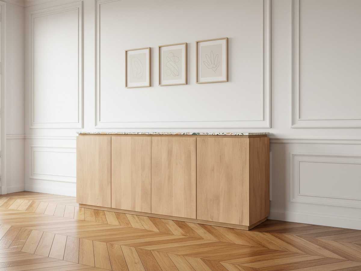 Buffet 4 portes 200 cm BARBARA bois massif de manguier et terrazzo