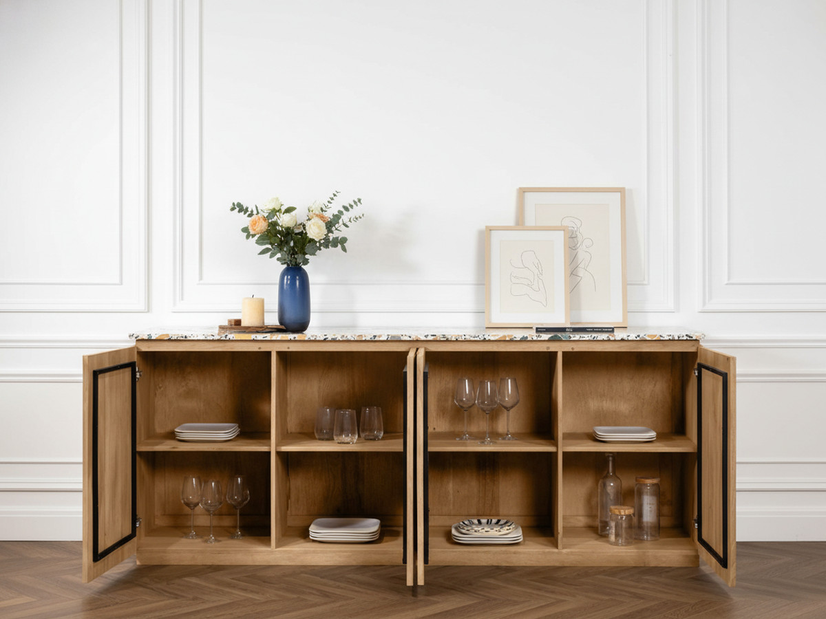 Buffet 4 portes 200 cm BARBARA bois massif de manguier et terrazzo