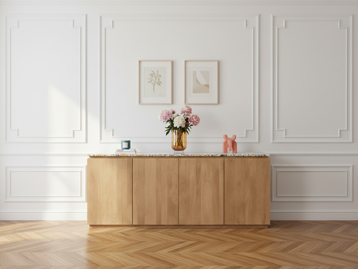 Buffet 4 portes 200 cm BARBARA bois massif de manguier et terrazzo