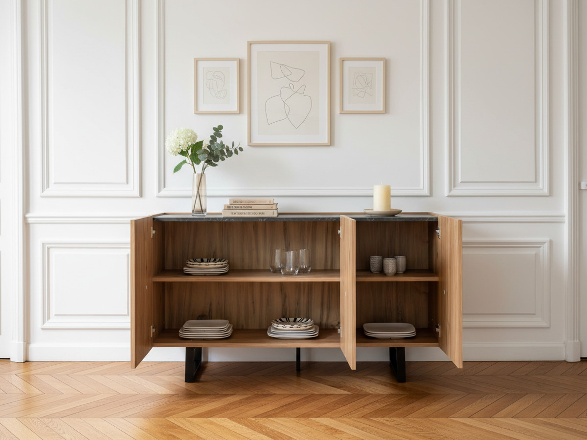Buffet 3 portes 140 cm OPERA effet chêne et imitation marbre noir — vue 4