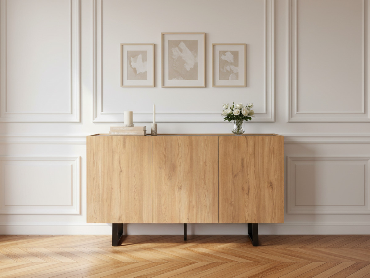 Buffet bas 3 portes 140 cm OPERA effet Chêne et Marbre noir