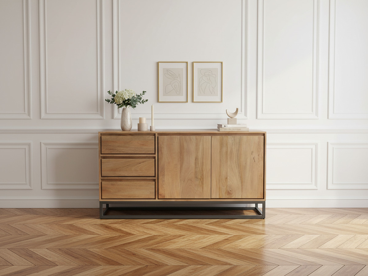 Buffet 2 portes 3 tiroirs 150 cm BERGERAC bois massif de manguier