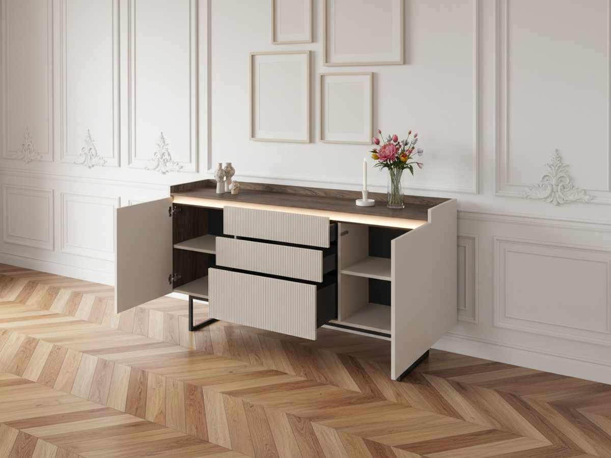 Buffet 2 portes 166 cm LOUNA beige et effet bois avec tasseaux et LED — vue 5