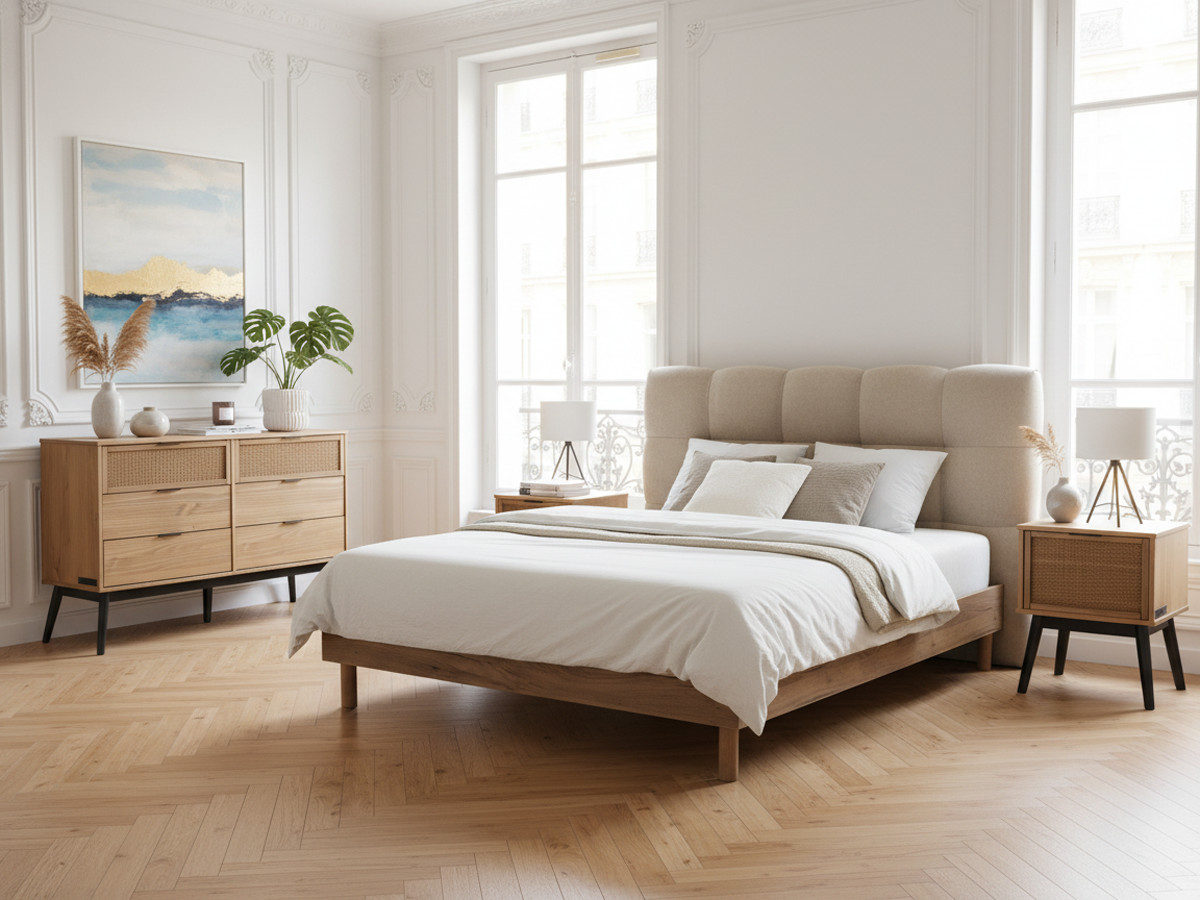 ALBI set met ladekast 120 cm + set van 2 nachtkastjes van massief hout en rotan