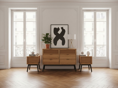 Ensemble ALBI avec commode 120 cm + lot de 2 chevets bois massif et rotin