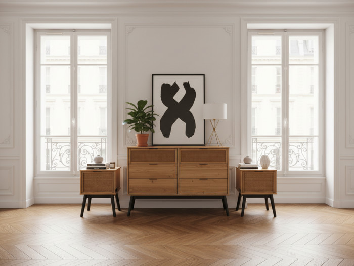 Ensemble ALBI avec commode 120 cm + lot de 2 chevets bois massif et rotin