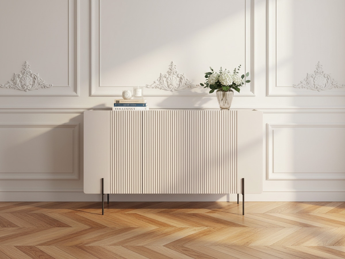 Buffet 3 portes 150 cm MATHILDE plateau effet marbre et pieds noirs