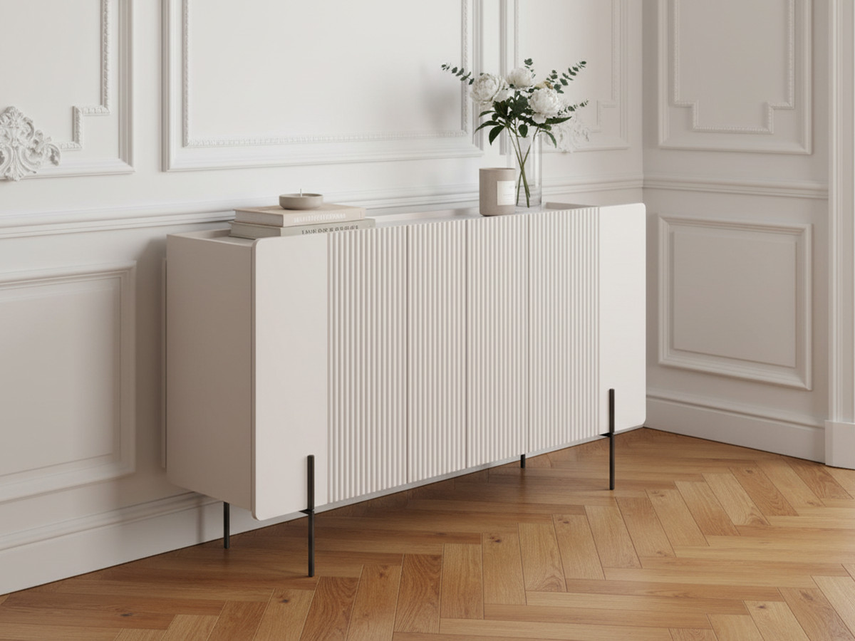 Buffet 3 portes 150 cm MATHILDE plateau effet marbre et pieds noirs