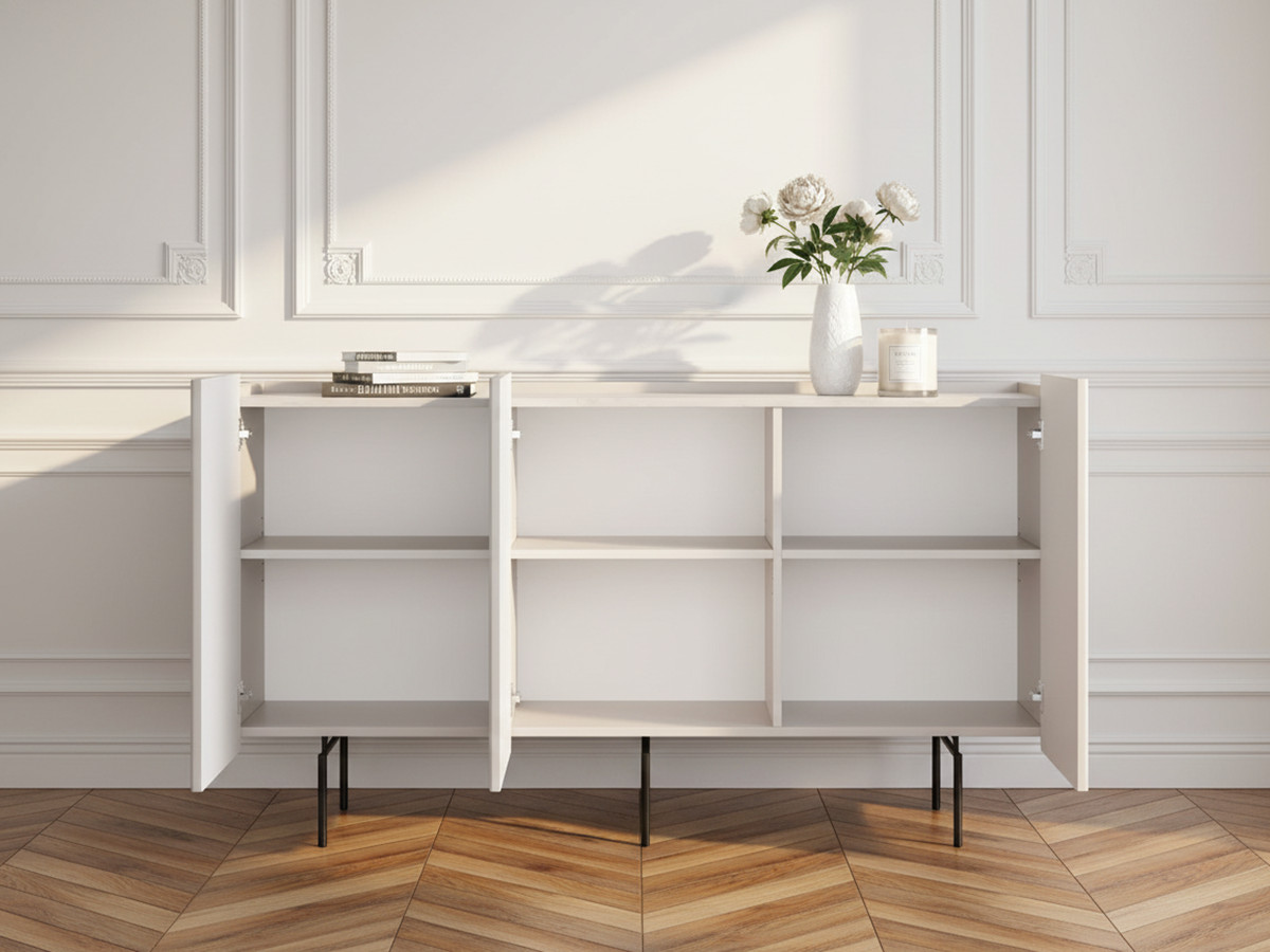 Buffet 3 portes 150 cm MATHILDE plateau effet marbre et pieds noirs