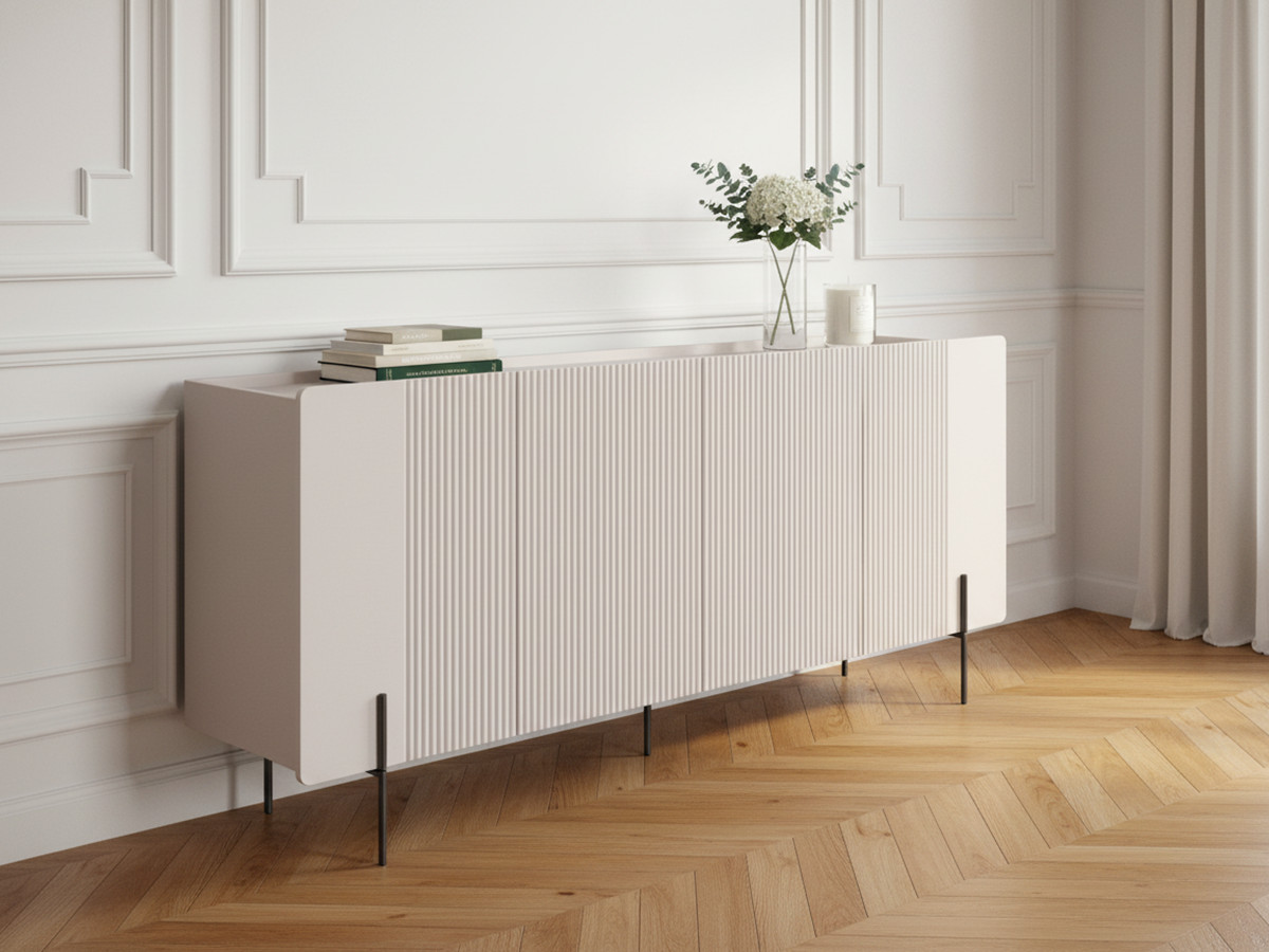 Buffet 4 portes 200 cm MATHILDE plateau effet marbre et pieds noir beige — vue 4