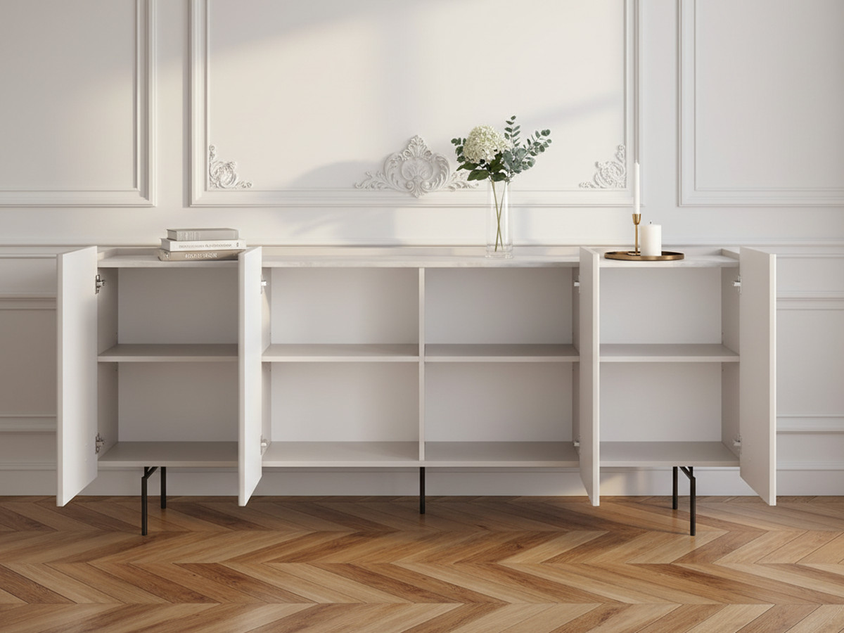 Buffet 4 portes 200 cm MATHILDE plateau effet marbre et pieds noir beige — vue 5