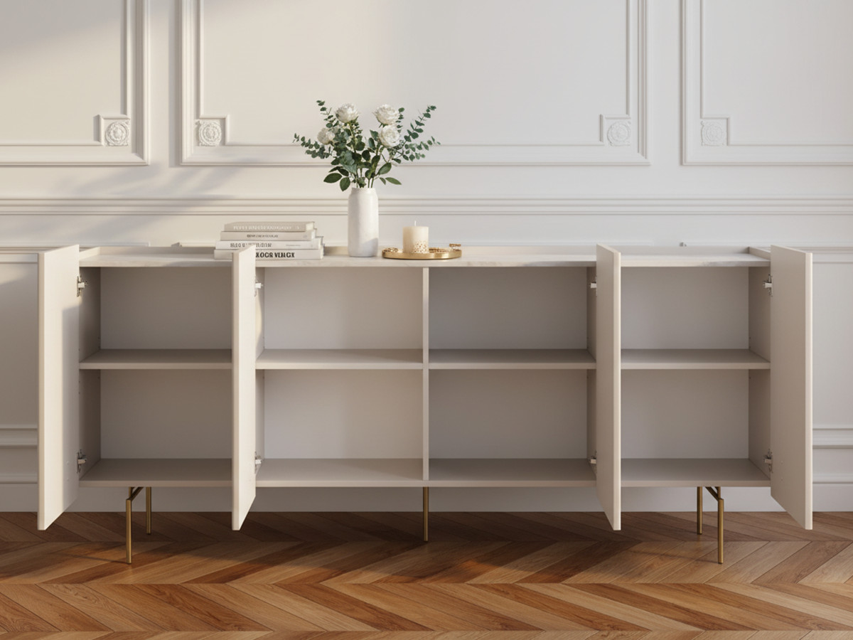Buffet 4 portes 200 cm MATHILDE plateau effet marbre et pieds or