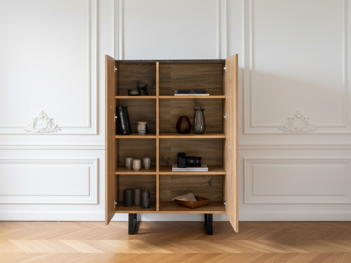 OPERA 90 cm hoog dressoir met 2 deuren, eikenlook en zwart marmerlook