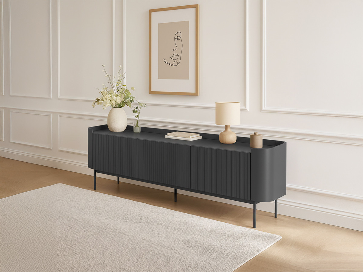 Meuble TV 3 portes 180 cm JAY effet tasseaux noir — vue 5