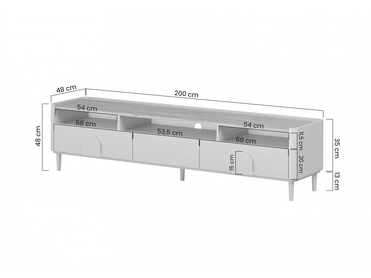 Meuble TV 1 porte 2 tiroirs 200 cm ENYRA pieds en bois massif