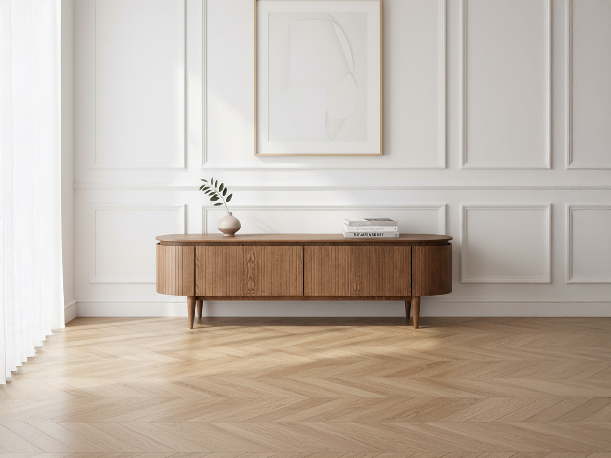 Meuble TV 4 portes 180 cm SORMIOU placage chêne massif marron foncé