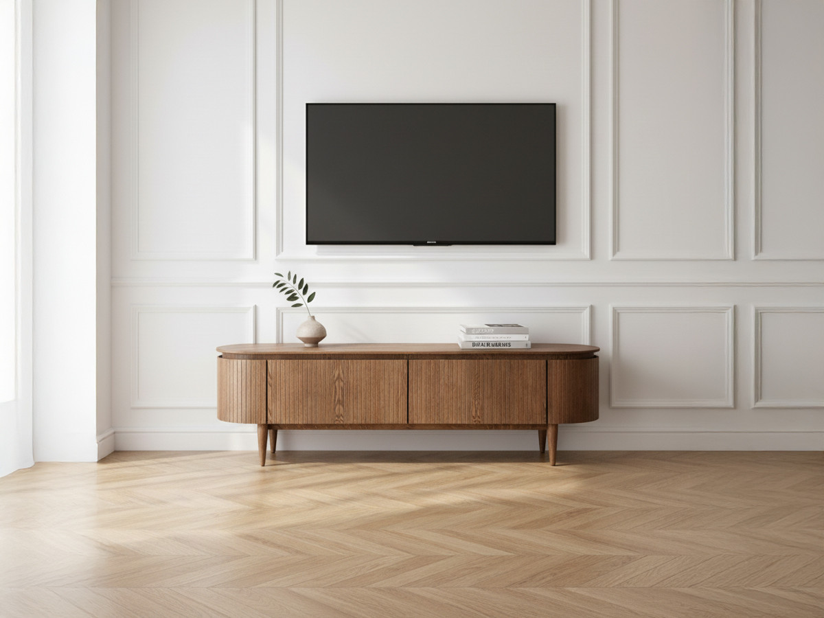 Meuble TV 4 portes 180 cm SORMIOU placage chêne massif marron foncé — vue 4