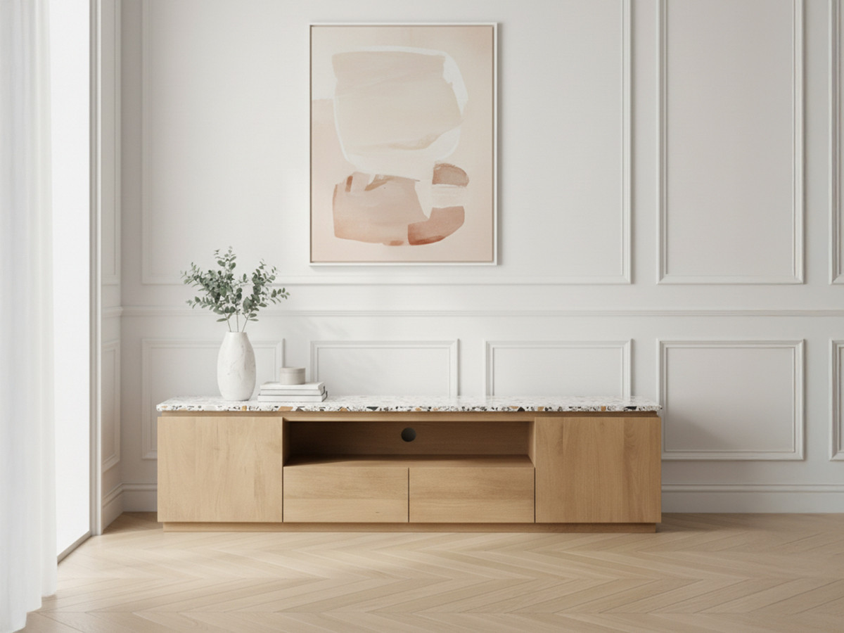 Ensemble BARBARA avec buffet 200 cm + meuble TV 200 cm bois massif de manguier et terrazzo