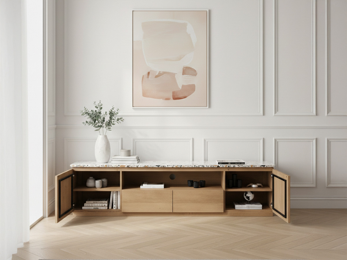 Meuble TV 2 portes 200 cm BARBARA bois massif de manguier et terrazzo