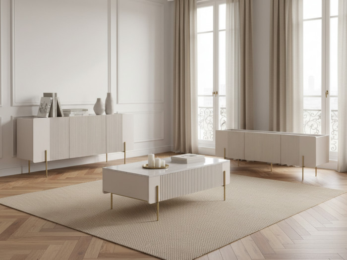 nsemble MATHILDE avec buffet 150 cm + meuble TV 150 cm + table basse 100 cm plateau effet marbre et pieds or