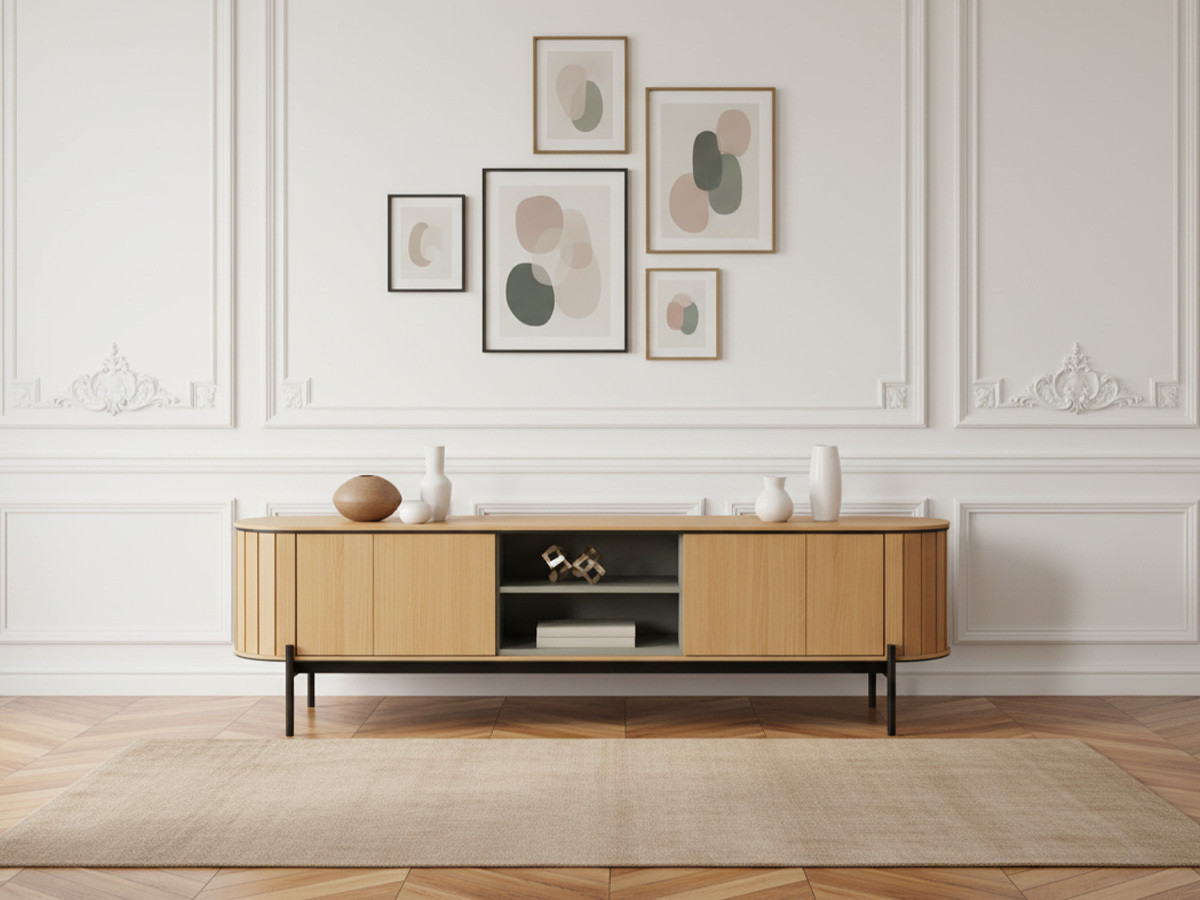 Ensemble AMBOISE avec buffet arrondi 200 cm + meuble TV 200 cm couleur chêne