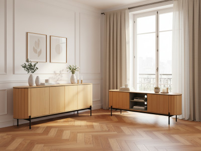 Ensemble AMBOISE avec buffet arrondi 200 cm + meuble TV 200 cm couleur chêne