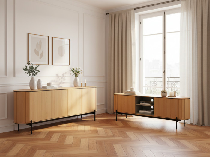 Buffet arrondi 4 portes 200 cm AMBOISE couleur chêne
