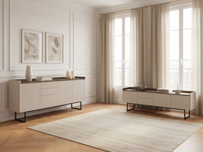 Buffet 3 portes 192 cm LOUNA beige et effet bois avec tasseaux et LED