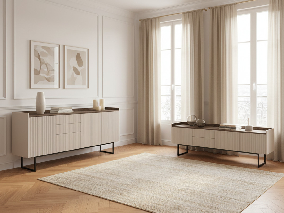 Buffet 3 portes 192 cm LOUNA beige et effet bois avec tasseaux et LED Buffet 3 portes 192 cm LOUNA beige et effet bois avec tasseaux et LED