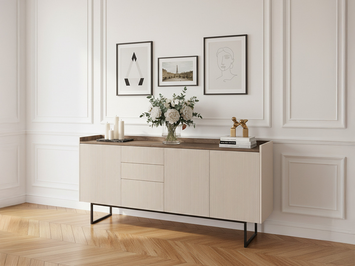 Ensemble LOUNA avec buffet 192 cm + meuble TV 192 cm beige et effet bois avec tasseaux et LED — vue 6