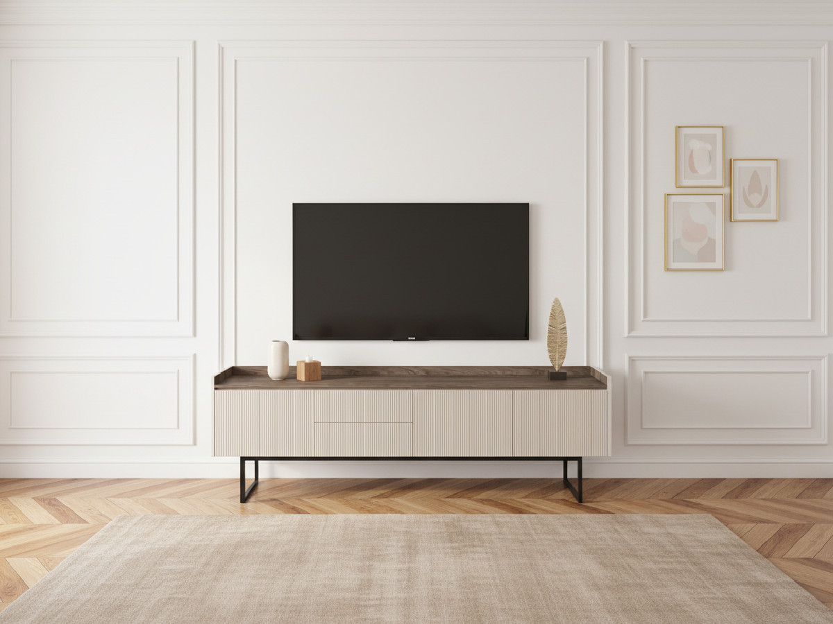 Ensemble LOUNA avec buffet 192 cm + meuble TV 192 cm beige et effet bois avec tasseaux et LED