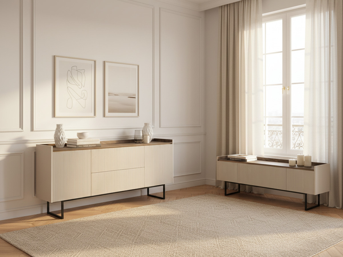 LOUNA set met 166 cm dressoir + 166 cm beige en houtlook tv-meubel met noppen en led-verlichting