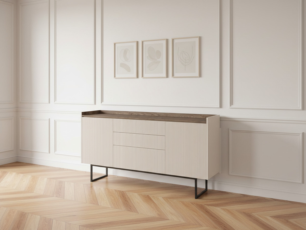 Ensemble LOUNA avec buffet 166 cm + meuble TV 166 cm beige et effet bois avec tasseaux et LED — vue 6