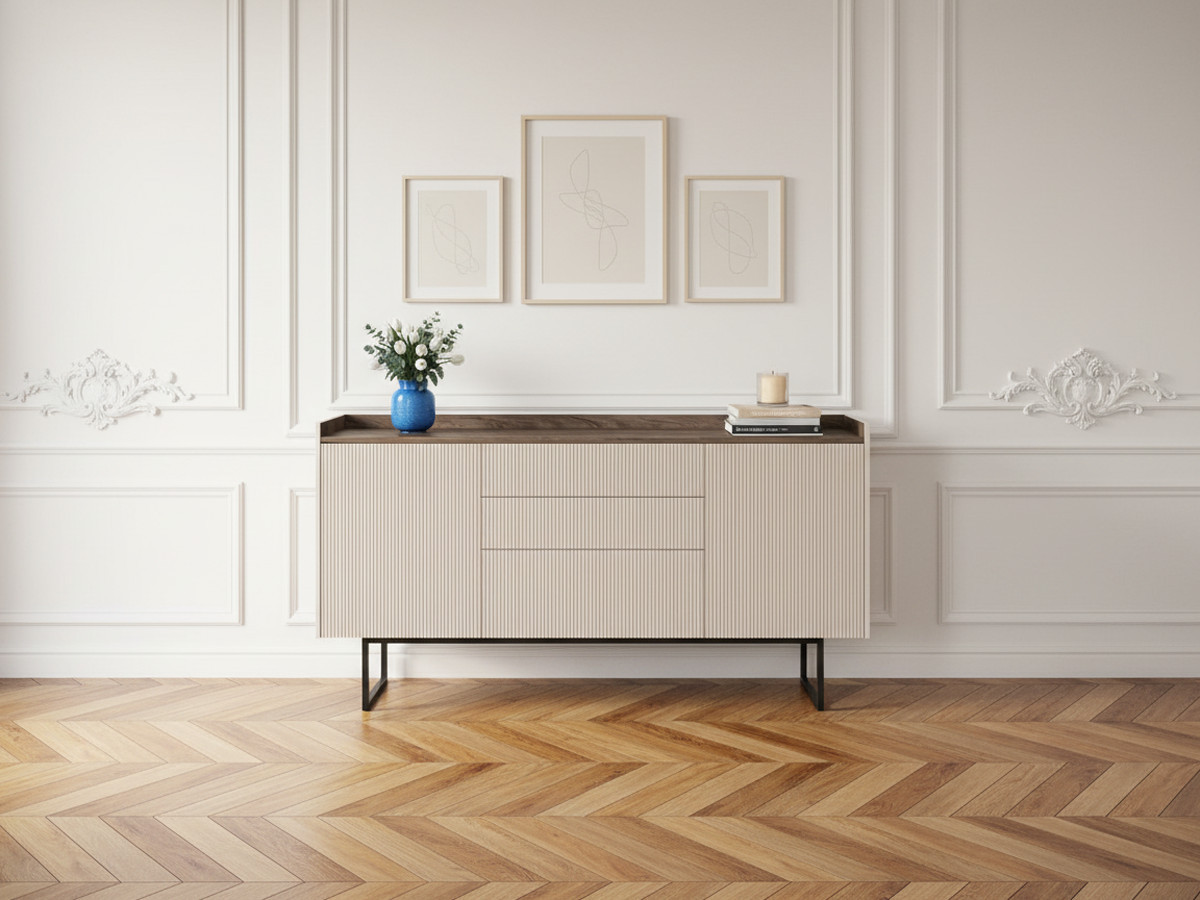 LOUNA set met 166 cm dressoir + 166 cm beige en houtlook tv-meubel met noppen en led-verlichting