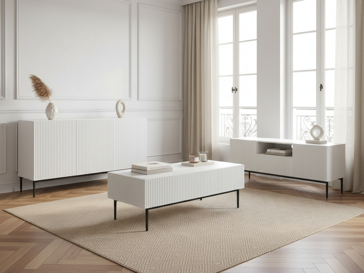 KASHA set met 150 cm tv-meubel met nis + 150 cm dressoir + salontafel met zwarte poten