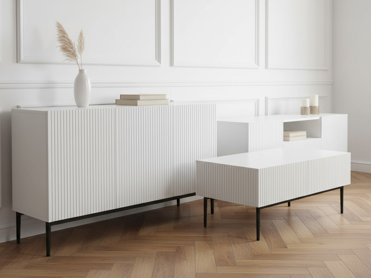 Ensemble KASHA avec meuble TV 150 cm avec niche + buffet 150 cm + table basse pieds noirs blanc — vue 5