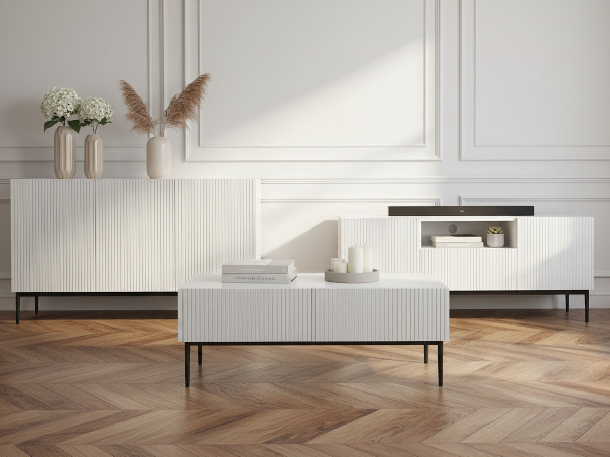 Ensemble KASHA avec meuble TV 150 cm avec niche + buffet 150 cm + table basse pieds noirs blanc — vue 4