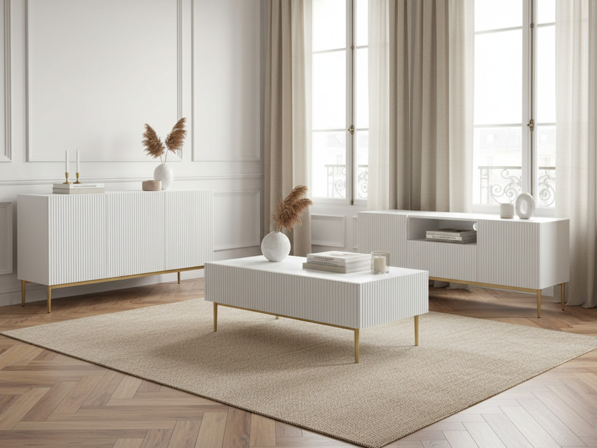 KASHA set met 150 cm tv-meubel met nis + 150 cm dressoir + salontafel met gouden poten