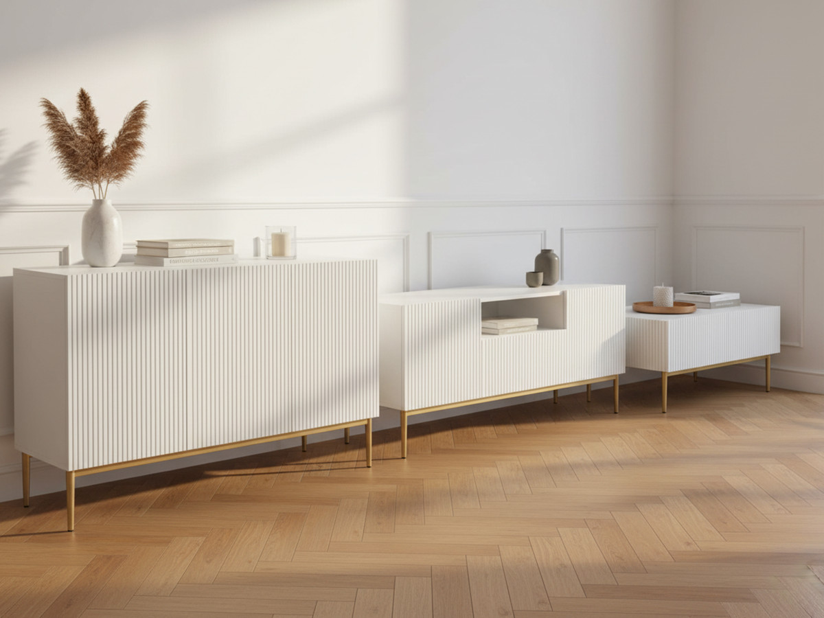 Ensemble KASHA avec meuble TV 150 cm avec niche + buffet 150 cm + table basse pieds or blanc — vue 4